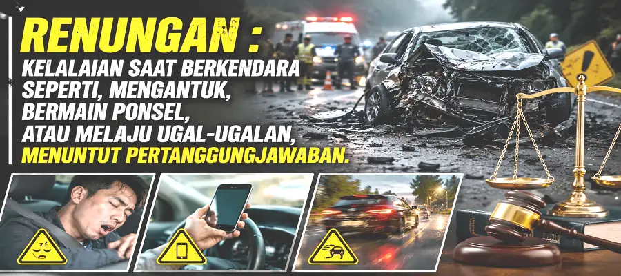 Kelalaian saat berkendara seperti, mengantuk, bermain ponsel, atau melaju ugal-ugalan, menuntut pertanggungjawaban.