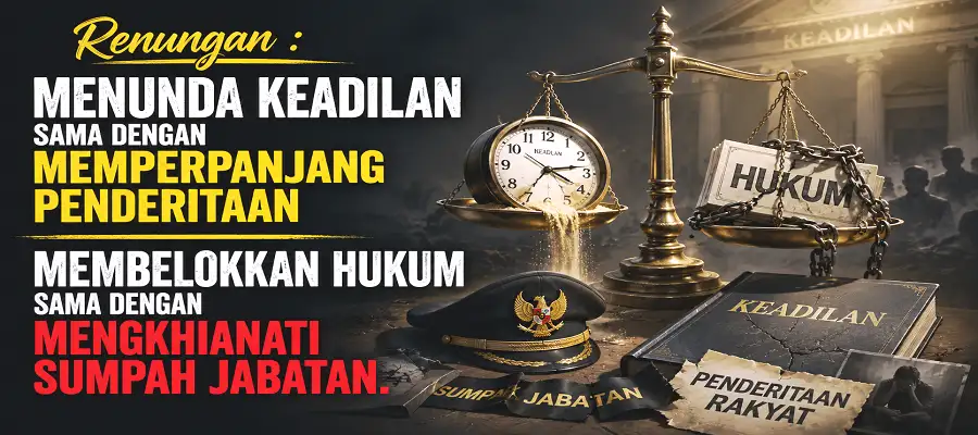 Renungan - Menunda keadilan sama dengan memperpanjang penderitaan dan Membelokkan hukum sama dengan mengkhianati sumpah jabatan.