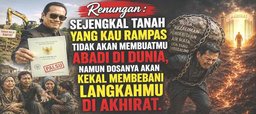 Sejengkal tanah yang kau rampas tidak akan membuatmu abadi di dunia, namun dosanya akan kekal membebani langkahmu di akhirat. -1