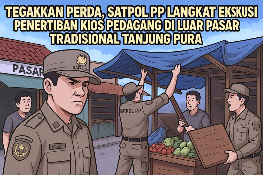Tegakkan Perda, Satpol PP Langkat Eksekusi Penertiban Kios Pedagang di Luar Pasar Tradisional Tanjung Pura